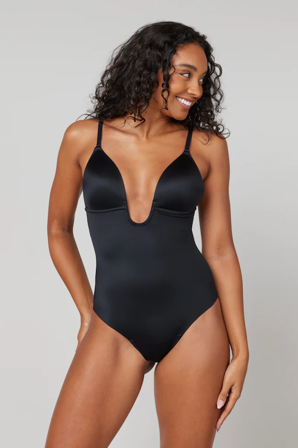 Suit Your Fancy Plunge Low-Back Thong Bodysuit Very Black